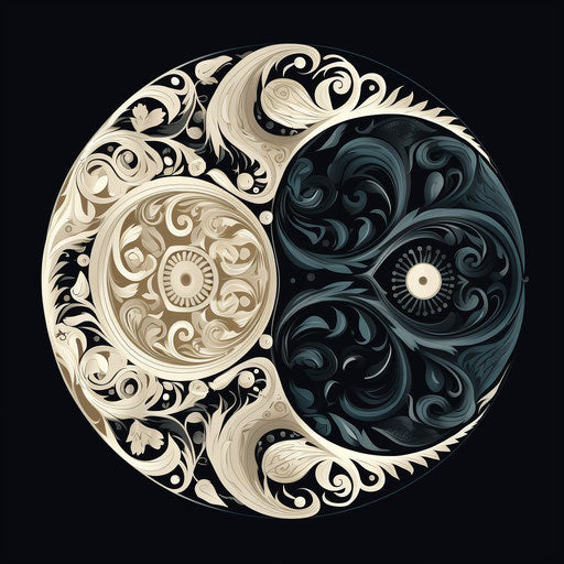 Yin yang symbol on black background for meticulous ink mandala light gray and light black