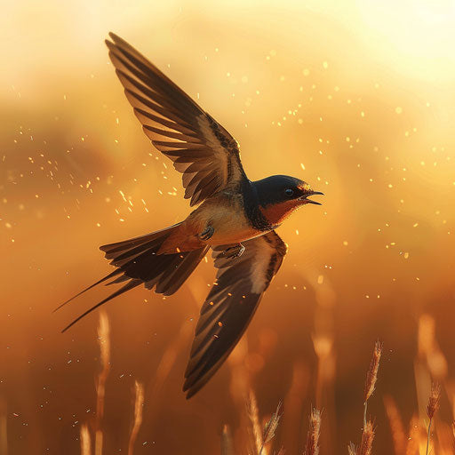 Barn swallow bird flying over open fields