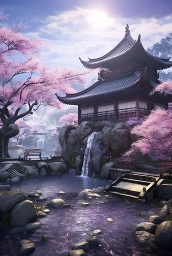 The Jiangsu huts in Southern China, Unreal Engine style, cherry blossoms, mountainous vistas, exotic realism, dark gray and purple 23:34