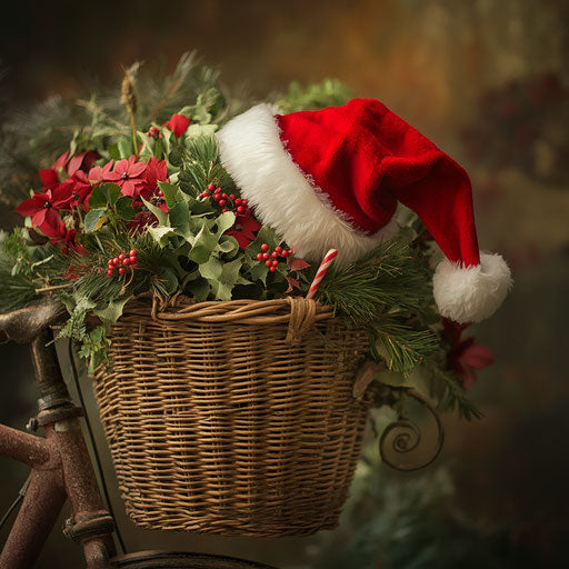 Festive bicycle basket filled with green and red flowers, a Santa hat playfully placed on the handlebars