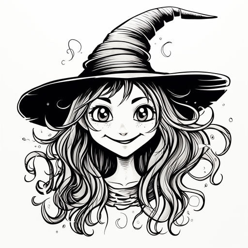 Smiling witch in simple line work, black and white child's drawing