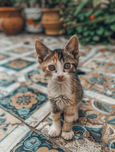 Adorable kitten facing the camera on the tile in front of a house