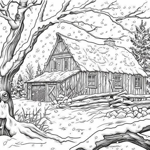 A detailed illustration of a barn in winter, covered with snow. Coloring book page
