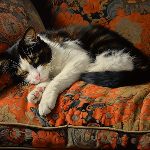 Calico cat sleeping on a couch