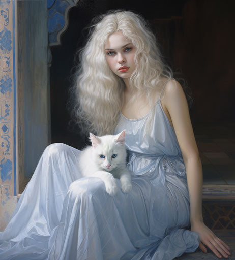 Young white Persian kitten sitting on a wooden floor with an open window