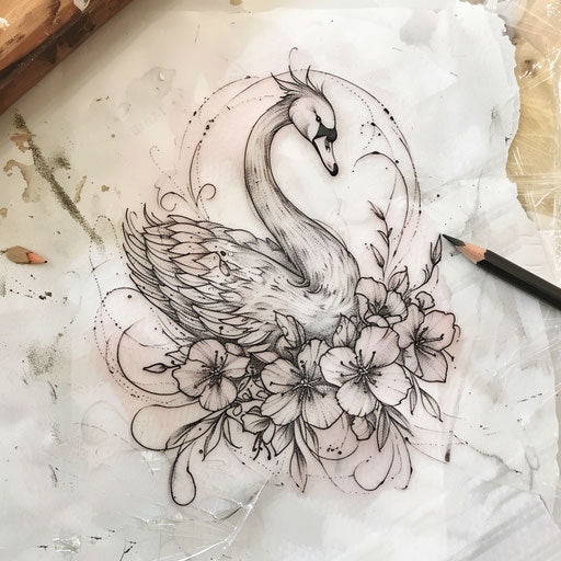 Sketch of a graceful swan with floral wreath for wrist coverup