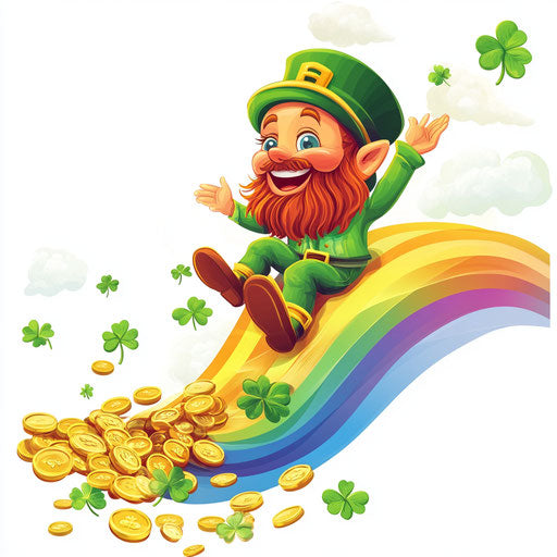 St. Patrick's Day, happy leprechaun sliding down a rainbow with gold coins and shamrocks