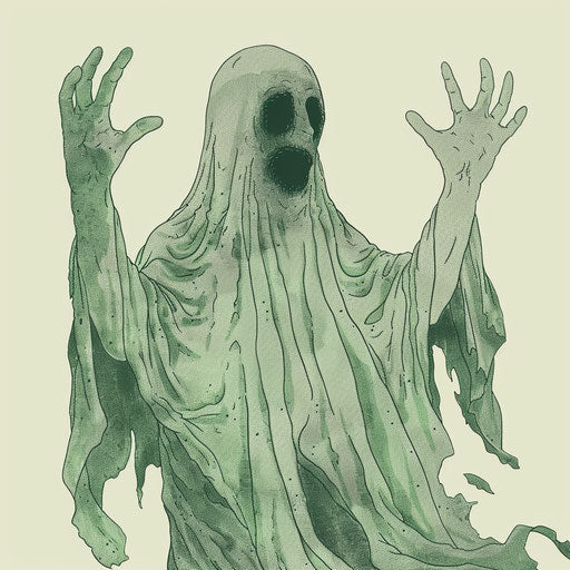 Green ghost with hands up on offwhite background