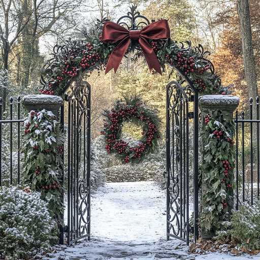 Garden gate with large festive bow and wreath of winter berries