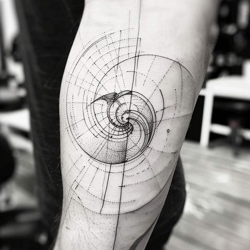 Contemporary tattoo sketch of a Fibonacci spiral with a minimalist aesthetic and bold outlines