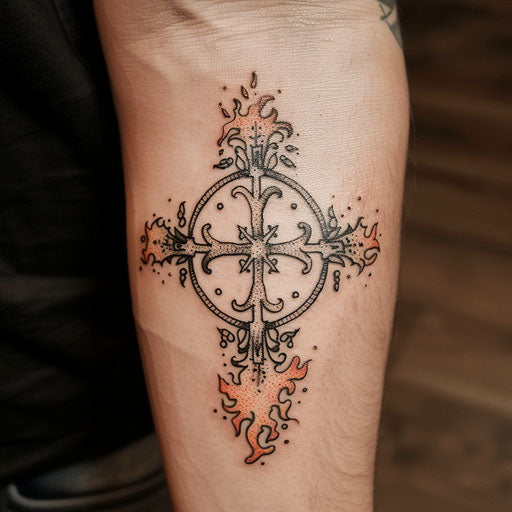 Strength cross tattoo surrounded by fire on blank backdrop