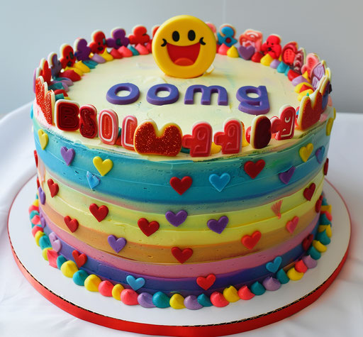 Colorful round cake with smiling face and OMG, LOL