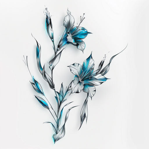 Futuristic gladiolus tattoo in metallic silver and neon blue