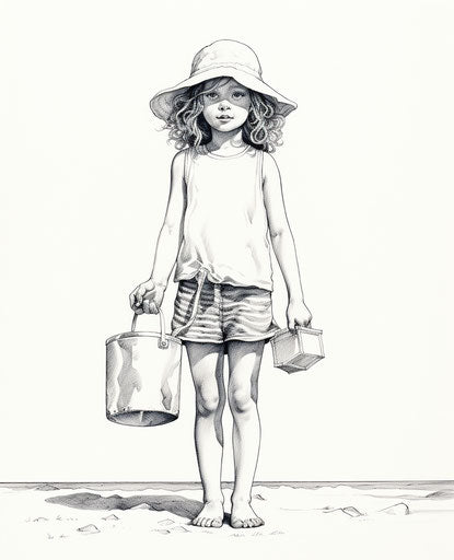 Girl with toy on beach, meticulous inking style, youthful