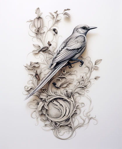 Bird tattoo design in artistic style on white background