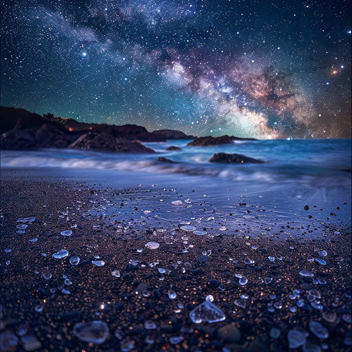 Glass beach at night, stars reflecting on the water