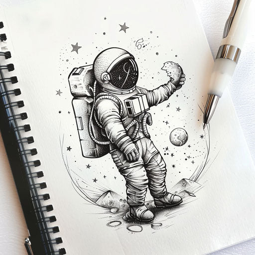 Cosmic tattoo design of an astronaut touching a moon surrounded by stars, illustrated on white paper