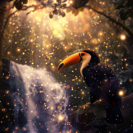 Toucan by a stunning waterfall, Gregory Colbert style
