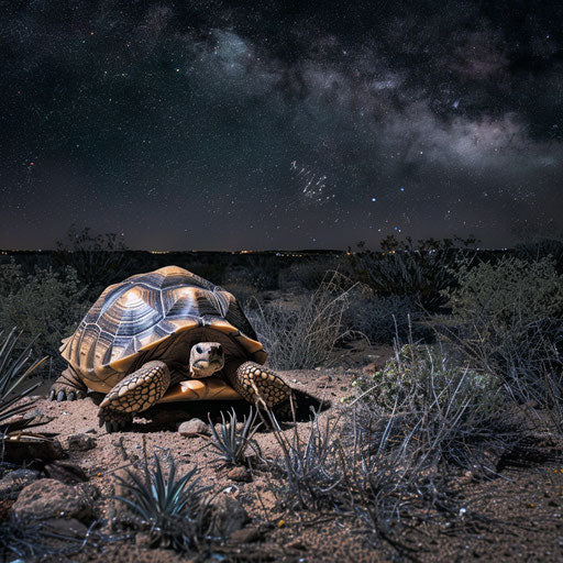Texas tortoise under the moon in starry desert