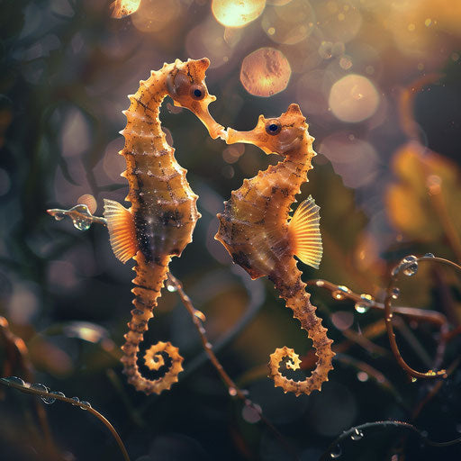 Seahorses with young under soft light