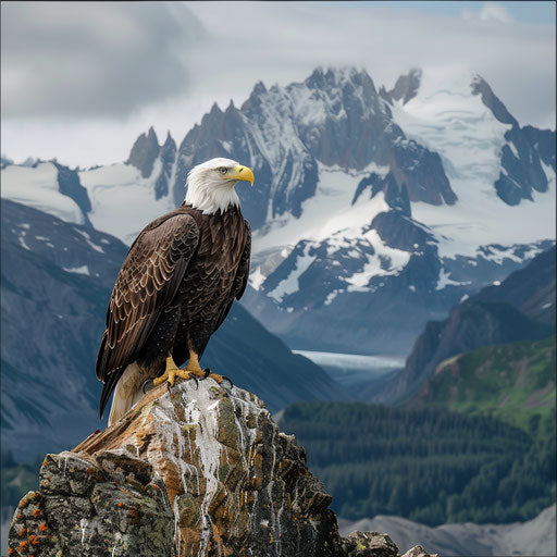 Bald eagle against mountain backdrop, wide angle shot, Marsel van Oosten style