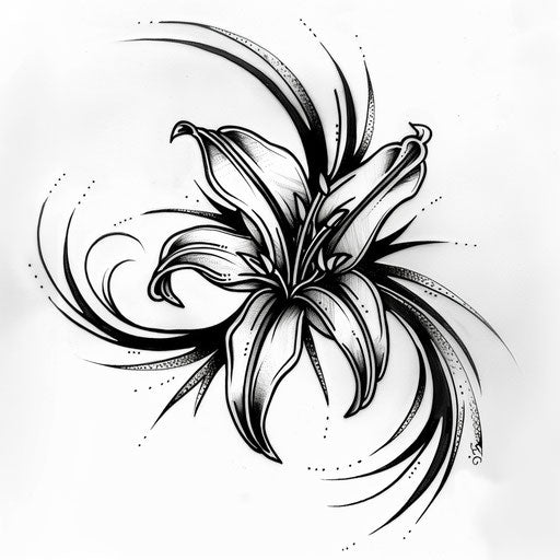 Black tribal spider lily tattoo on white background