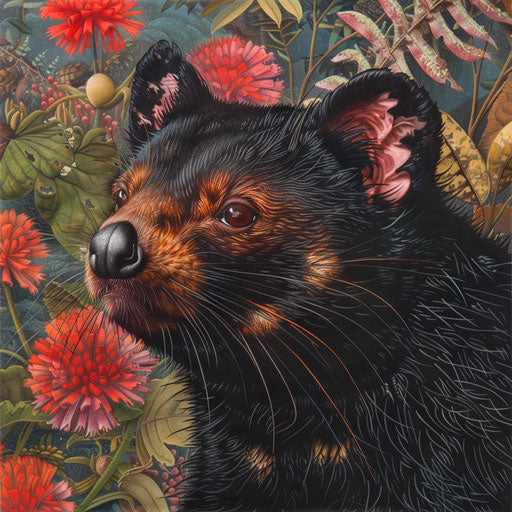 Close-Up of a Tasmanian Devil with Vibrant, Detailed Fur Textures against a Backdrop of Wild Tasmanian Landscape
