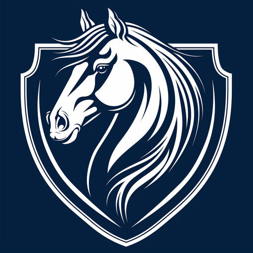 Traditional horse logo with shield emblem on navy blue background