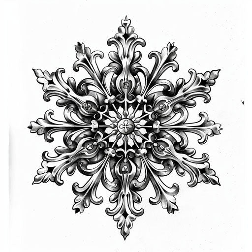 Clipart style tattoo sketch of a snowflake with a lace pattern, detailed in black and white