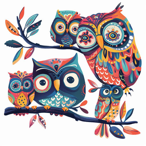 Family of owls on a branch, flat tattoo sketch, whimsical and colorful