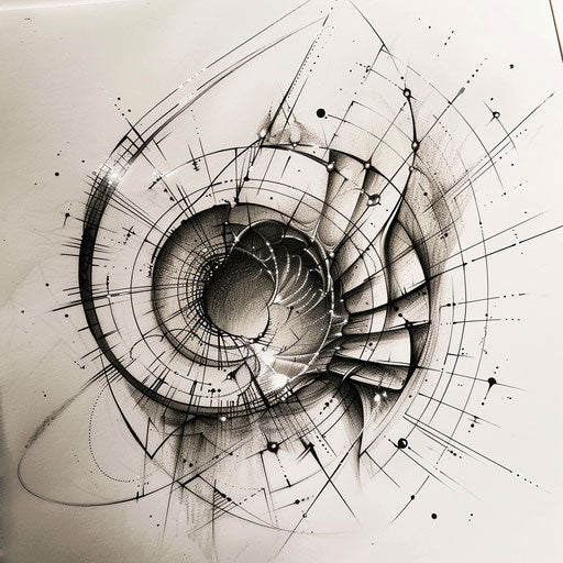 Futuristic tattoo sketch of a Fibonacci spiral with metallic effects and modern design