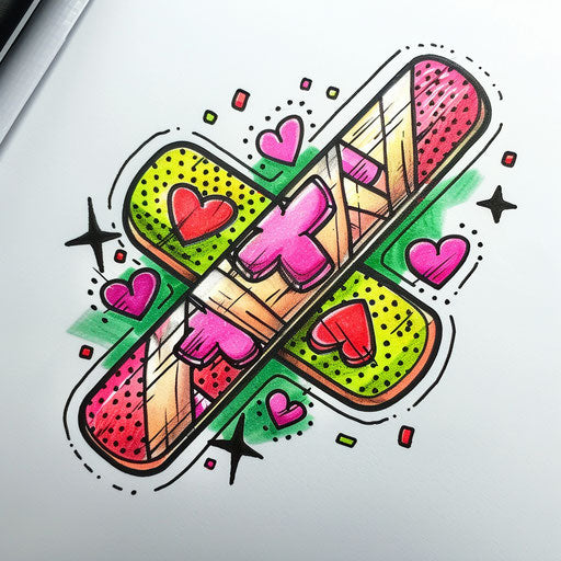 Vibrant and colorful flat tattoo sketch of a bandage with pink hearts and green cross patterns
