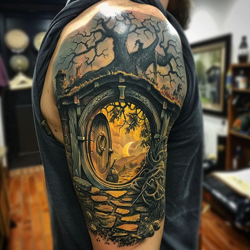 Half sleeve tattoo for men in the style of Peter Jackson with a hobbit door