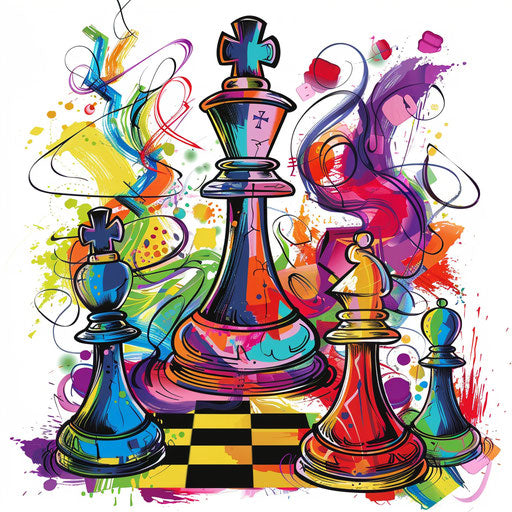 Whimsical flat tattoo sketch of animated dancing chess pieces, colorful