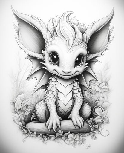 Drawing ideas and patterns for baby dragons, shiny eyes style, mythological, elaborate 25:31