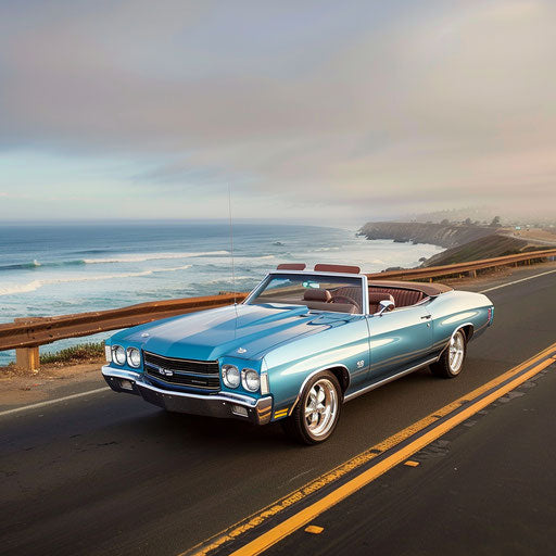 Sky blue 1977 Chevelle convertible on a coastal road