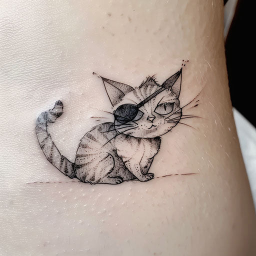 A whimsical tattoo of a pirate cat with an eyepatch and a tiny cutlass, created against a white background for clarity.