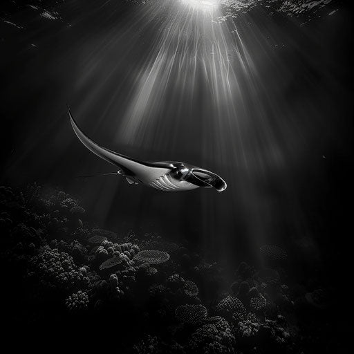 Manta ray patrolling the reef with dramatic light beams