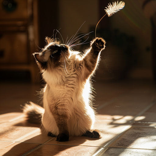 Himalayan cat playing with feather toy in a sunlit room