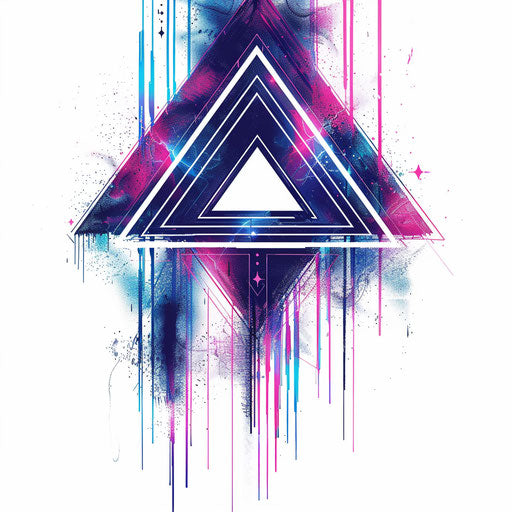 Futuristic triangle tattoo design with blue and pink lines on white background