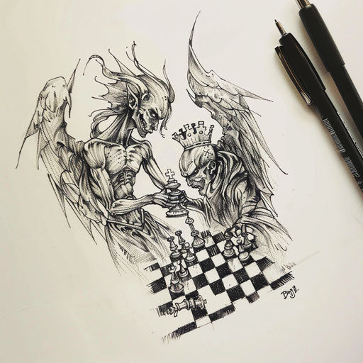 Sleek tattoo sketch in flat style with angel and devil playing chess