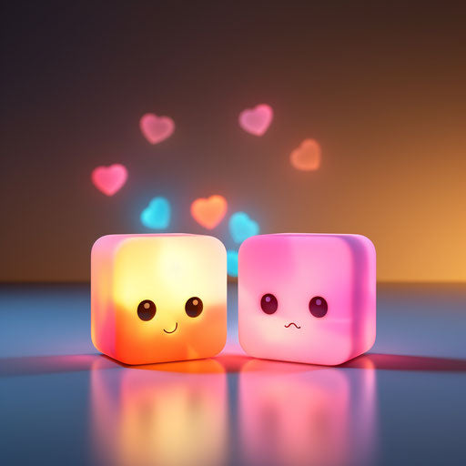 Two cute emoji cubes holding hearts, glowing pastel style