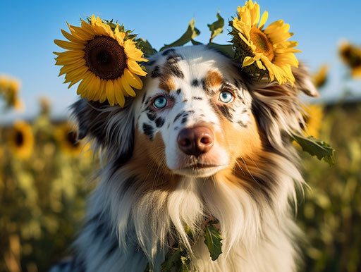 Australian shepherd dog with blue eyes and flower on head