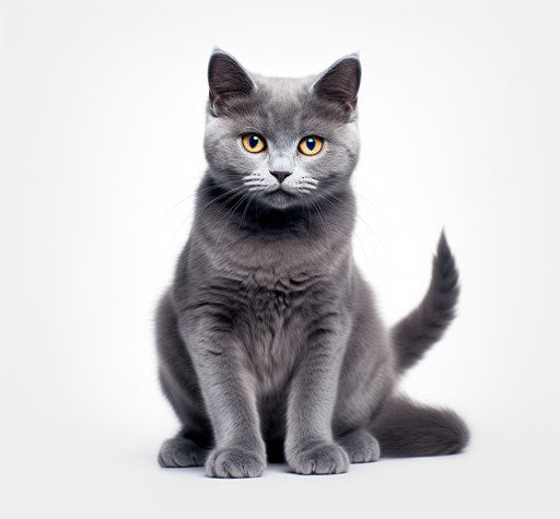 Gray cat on white background, light indigo and dark gold style