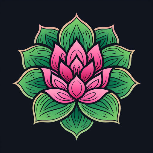 Pink and green lotus with four leaves, simplified colors style