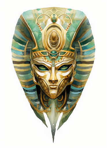 Egyptian mask in watercolor style, cobra, appropriation artist