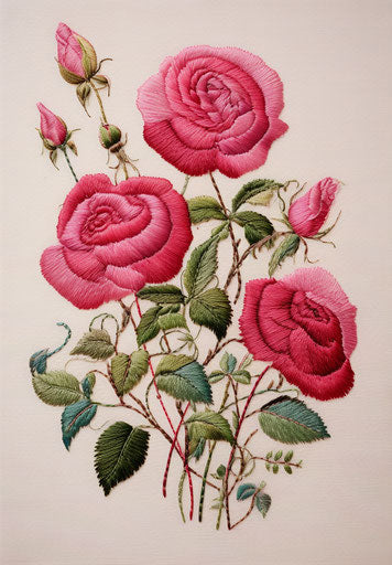 Embroidered roses with leaf, naive drawing style, magenta