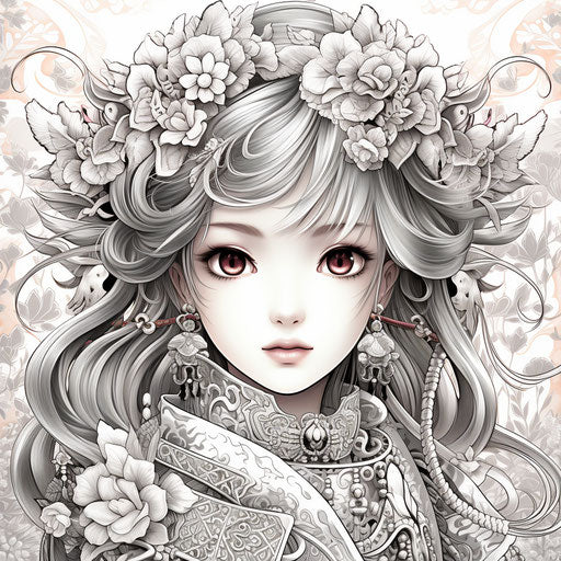 Anime girl coloring page, intricately sculpted carnival style