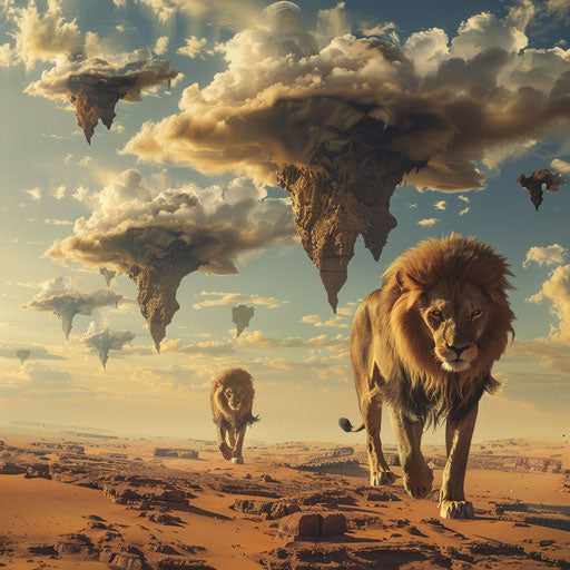 Lions roaming in a desert with floating islands