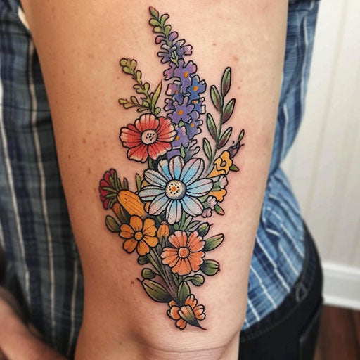 Whimsical flat tattoo sketch of a birth flower bouquet with cartoonish cosmos and snapdragons